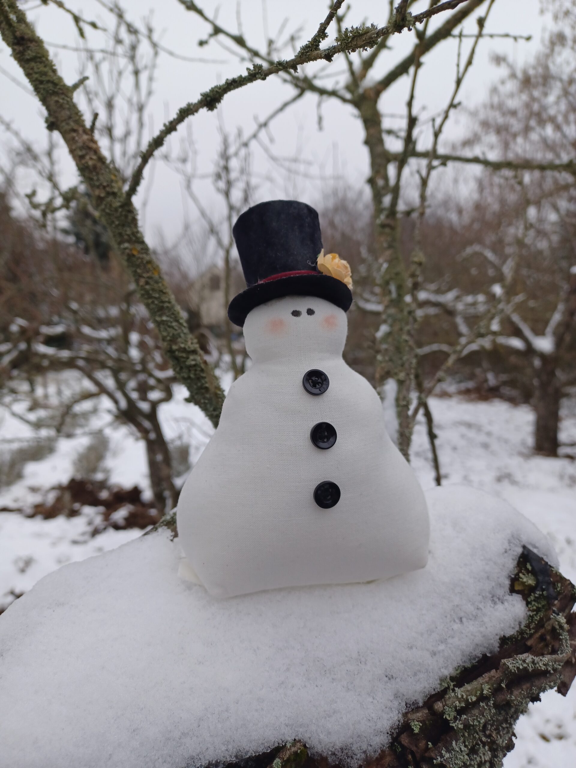 A képen egy textilből készült hóember látható, fekete cilinder van a fején, három fekete gomb a hasán. Egy hóval borított faágon van, a háttérben pedig néhány csupasz faág látható.